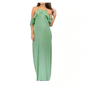 🆕Bee Uniq Dusty Green Ruffle-Accent Cold Shoulder Maxi M🆕